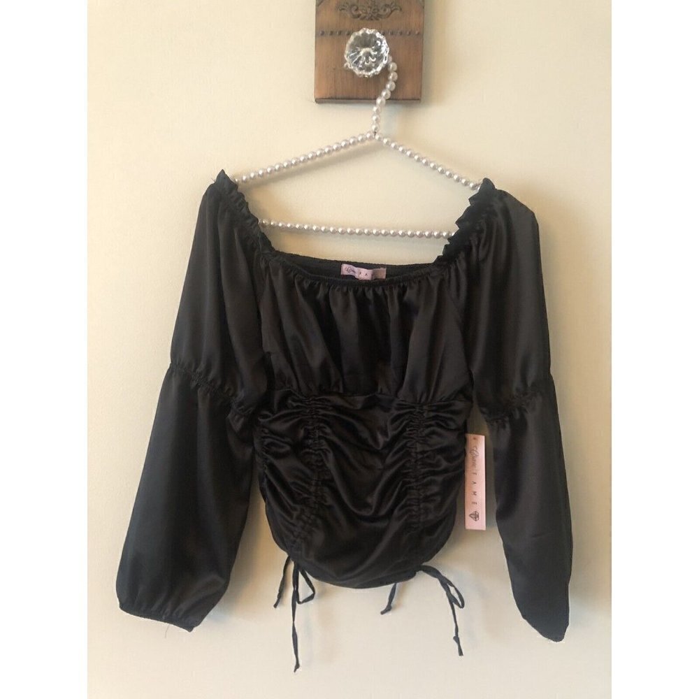 NWT Crave Fame Size M Black Blouse Long Balloon Sleeve Ruching Cropped Boho